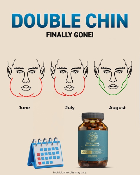 A visual timeline showing the reduction of a double chin over three months using a supplement bottle as the solution.